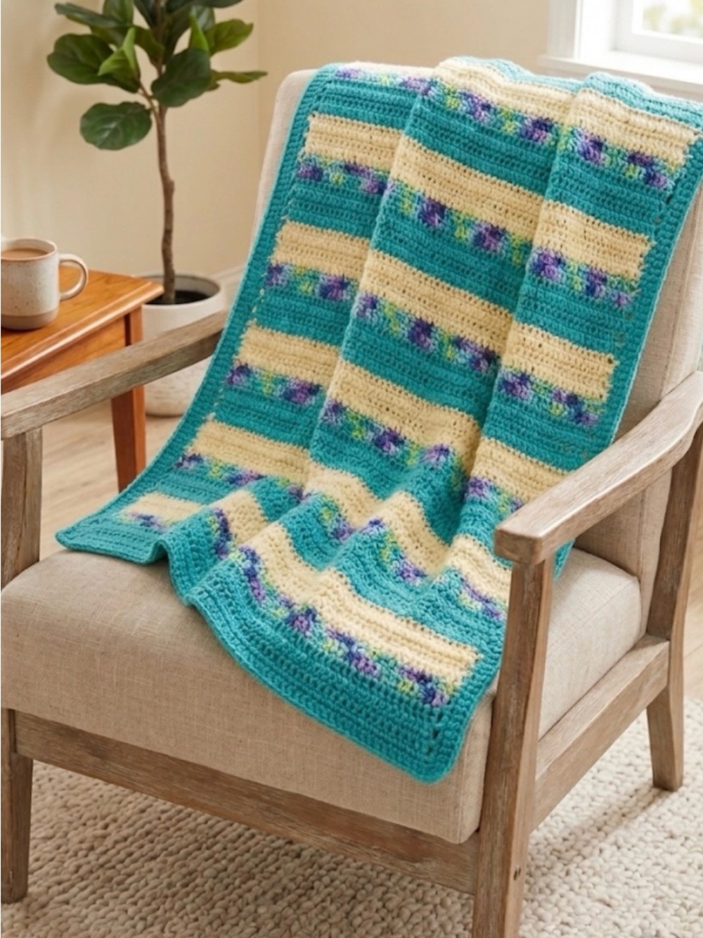 NWT Handmade Crochet Baby / Lap Blanket Blue Yellow Multi